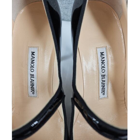 MANOLO BLAHNIK WOMEN'S CAMPARI MARY JANE 3" HEEL PUMPS BLACK PATENT SIZE 6.5 - Picture 5 of 13